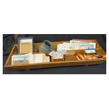 Postcards, Stamps, and Wooden Tray