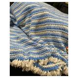 Blue and White Afghan with Fringe, 92' x 144'