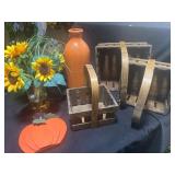 Decorative Lot with Vase, Wood Baskets, and Sunflo