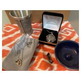 Jewelry, Pewter Tumbler, and Ceramic Holder