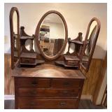 Oak Vanity Dresser with Tri-Fold Mirror