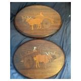 Oval Wood Inlay Wall Plaques with Oxen Scene