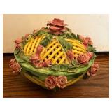 Italian Ceramic Lidded Basket With Floral Motif