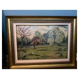 Framed Cross-Stitch Landscape in Gold Frame