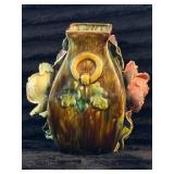 Brown Glazed Ceramic Vase With Applied Floral Deco