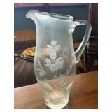 Etched Glass Pitcher with Floral Design