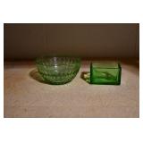 Green Glass Bowl and Sugar Holder