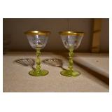 Pair of Vtg Etched Crystal Wine Green Stem