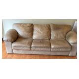 8-Foot Tan Leather Sofa with Cushioned Arms -READ