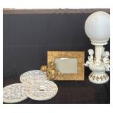 Cherub Lamp, Photo Frame, and Ornamental Mirror Pl