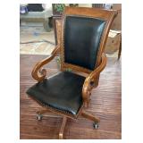 Wood and Black Leather Office Chair With Adjustabl