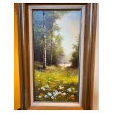Framed Acrylic Canvas with Forest and Flowers Scen