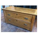 Oak Two-Drawer Chest with Brass Pulls - READ DETAI