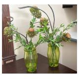 Two Green Glass Vases With Faux Floral Arrangement