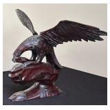 Hand-Carved Wooden Eagle Sculpture on Rock Base