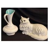 Decor Items: Ceramic Cat, Pink Vase, Royal Haeger