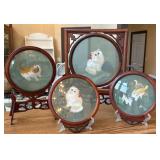 Four Chinese Embroidered Cat Panels with Wood Fram