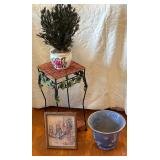 Framed Rabbit Print, Blue Pot, and Plant Stand Set