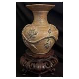 Ceramic Vase with Leaf Motif on Wooden Stand