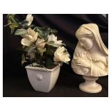 12-Inch Female Bust Statue and Faux Floral Arrange