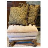 Tan Ottoman with Throw Pillows and Wooden Legs