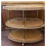 Three-Tier Wood and Brass Rolling Cart
