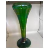Green Iridescent Art Glass Vase With Flared Rim