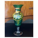 Green Glass Vase with Floral Designs