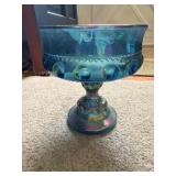 Iridescent Peacock Blue Carnival Glass Footed Comp