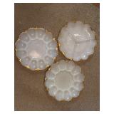 Three White Milk Glass Plates with Gold Trim