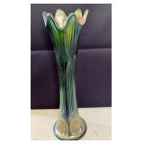 Iridescent Green Glass Vase with Ruffled Rim