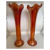 Iridescent Orange Glass Trumpet Vases