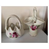Porcelain Rose Decorated Basket and Vase Set