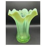Vintage Green Opalescent Glass Feathers Vase by