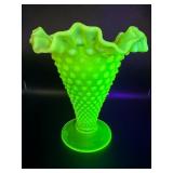 Hobnail Vaseline Glass Vase with Ruffled Edge