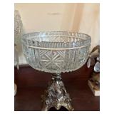 Cut Glass Bowl on Ornate Metal Base