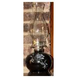 Ceramic Oil Lamp w/ Glass Chimney and Floral Motif