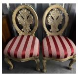 Pair Wooden Chairs w/ Red Striped Upholstery