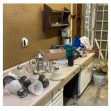 Lot: Light Fixtures, Shelf, Supplies, and Ceiling