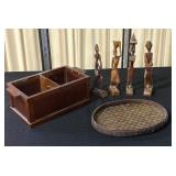 Wooden Box, Wood Tray, and Four Carved Wood Figure