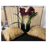Gold Fringe Pillows and Black Vases with Faux Flow