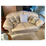 Beige Faux Leather Loveseat w/ Pillows