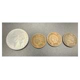Three Indian Head Cents & 1979 Italian 100 Lire