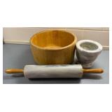 Marble Mortar, Marble Rolling Pin, Wood Bowl