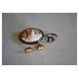 Vintage Cameo Brooch, Ring, & Earrings