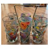 6 Floral Drinking Glasses w/ Metal Carrier