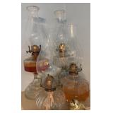 4 Clear Glass Oil Lamps w/ Chimneys