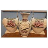 Porcelain Vase & Heart Planters w/Roses