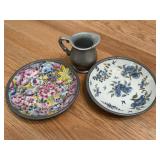 Porcelain Saucers w/Pewter Rims & Pewter Pitcher