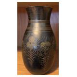 Black Brass Etched Vase w/ Floral Motif